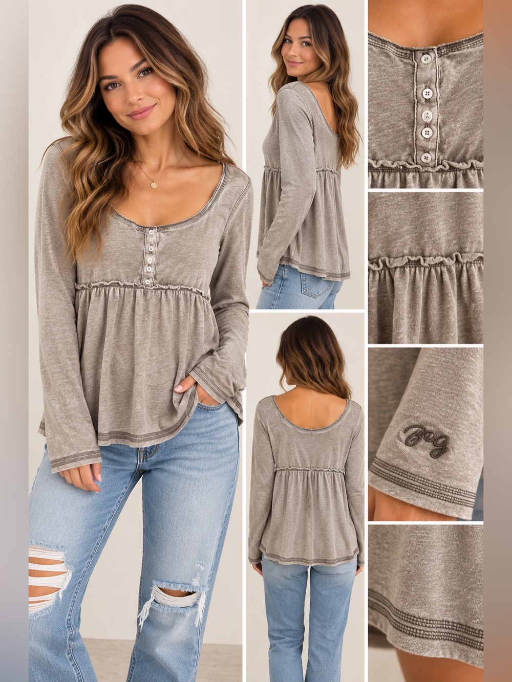 BDG Washed Taupe Henley Peplum Long Sleeve Top